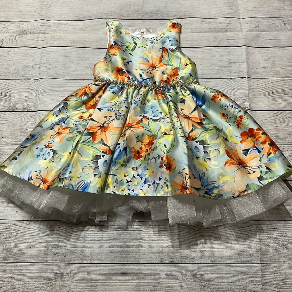 Sleeveless Floral Party Dress for Girls in Light Blue and Orange